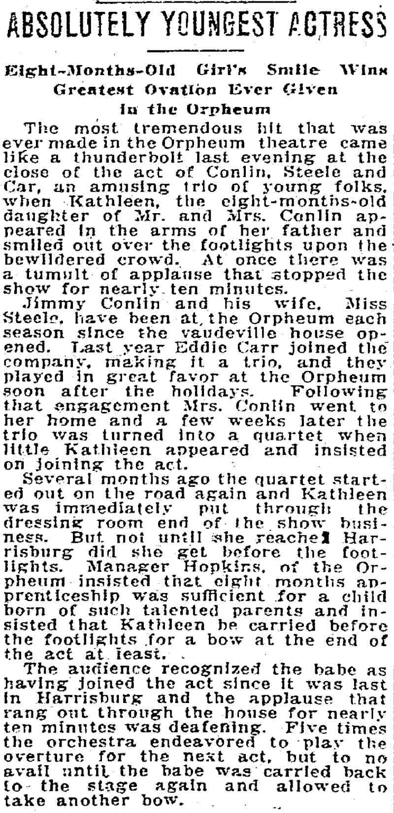 Harrisburg Patriot November 29, 1910 — Absolutely Youngest Actress article about baby Kathleen Conlin