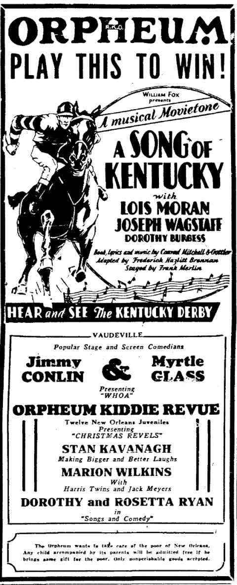 New Orleans Times-Picayune December 21, 1929 — Orpheum R.K.O. advertisement featuring Jimmy Conlin and Myrtle Glass and Dorothy and Rosetta Ryan
