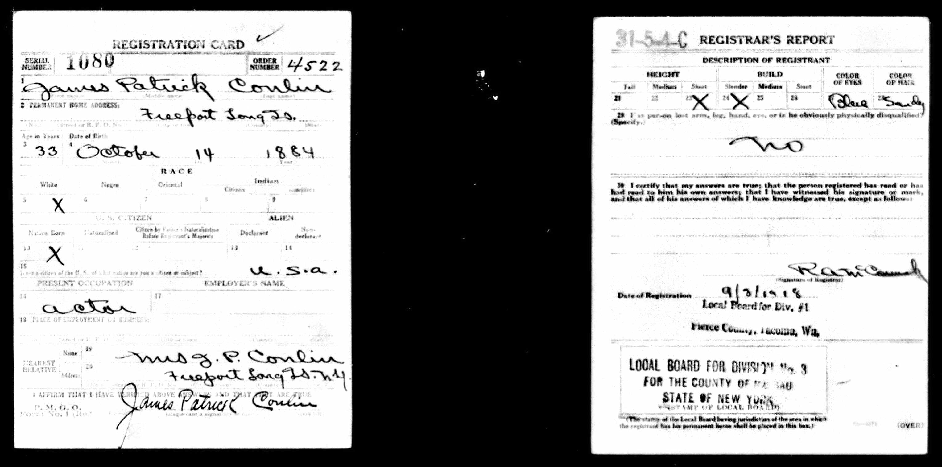 World War I Draft Card for James Patrick Conlin, registered September 12, 1918 in Pierce County, Tacoma, Washington