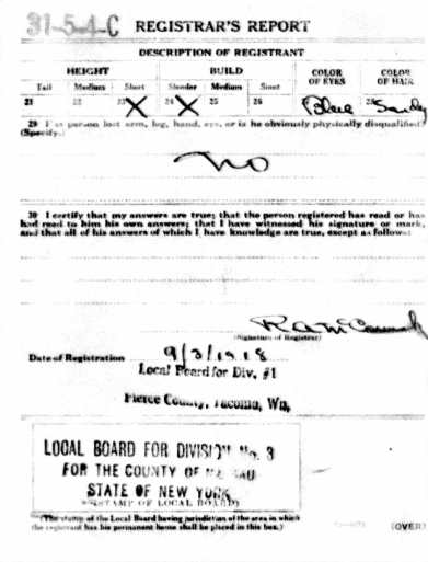 World War I Draft Card for James Patrick Conlin — registrar's report
