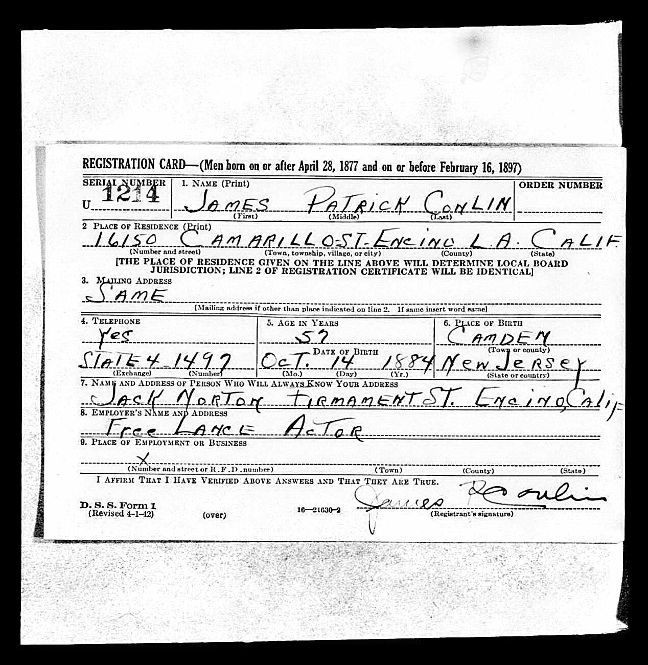 World War II Draft Card for James Patrick Conlin, registered April 25, 1942