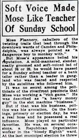 Soft Voice Made Mose Like Teacher Of Sunday School — profile of Flannery, Camden Evening Courier September 18, 1928
