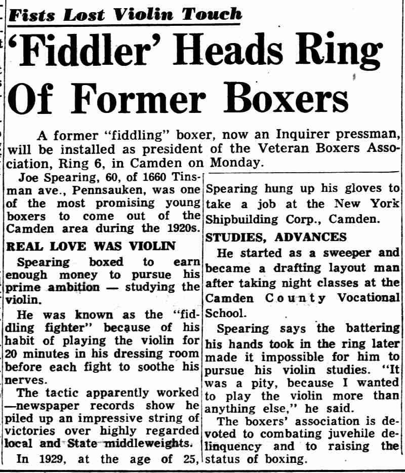 Philadelphia Inquirer, January 7, 1965 — 'Fiddler' Heads Ring Of Former Boxers