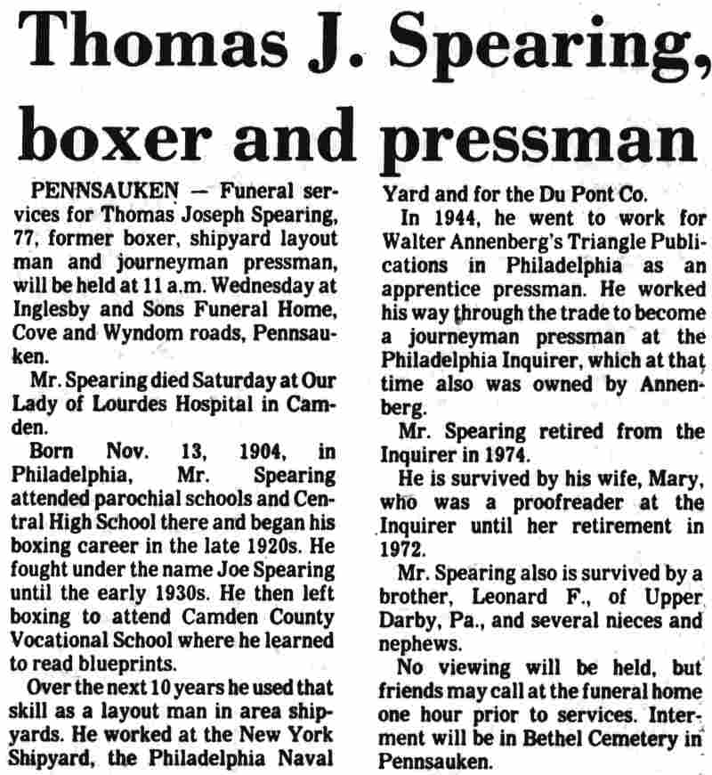 Courier-Post, April 19, 1982 — Thomas J. Spearing, boxer and pressman