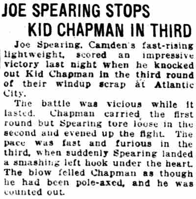 Courier-Post, June 28, 1927 — Joe Spearing Stops Kid Chapman in Third
