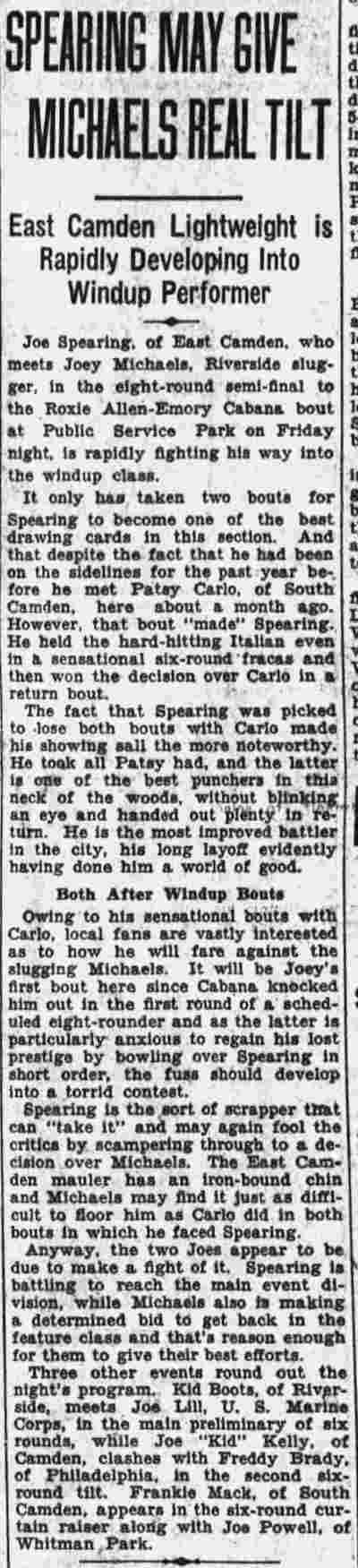 Courier-Post, August 28, 1928 — Spearing May Give Michaels Real Tilt