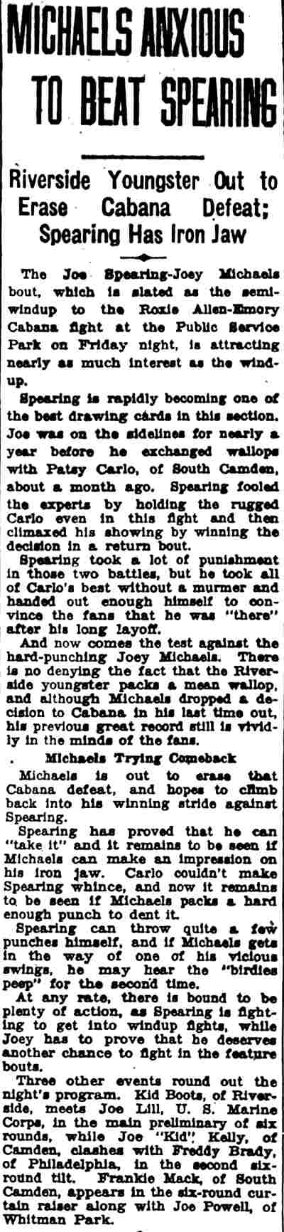 Courier-Post, August 29, 1928 — Michaels Anxious To Beat Spearing