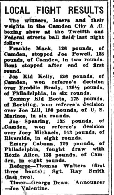 Local Fight Results, September 1, 1928