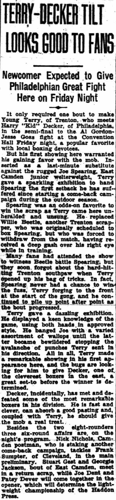 Courier-Post, October 10, 1928 — Terry-Decker Tilt Looks Good to Fans