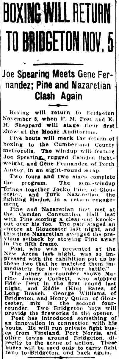 Courier-Post, October 21, 1926 — Boxing Will Return to Bridgeton Nov. 5