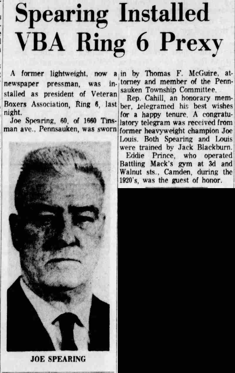 Courier-Post, November 12, 1965 — Spearing Installed VBA Ring 6 Prexy