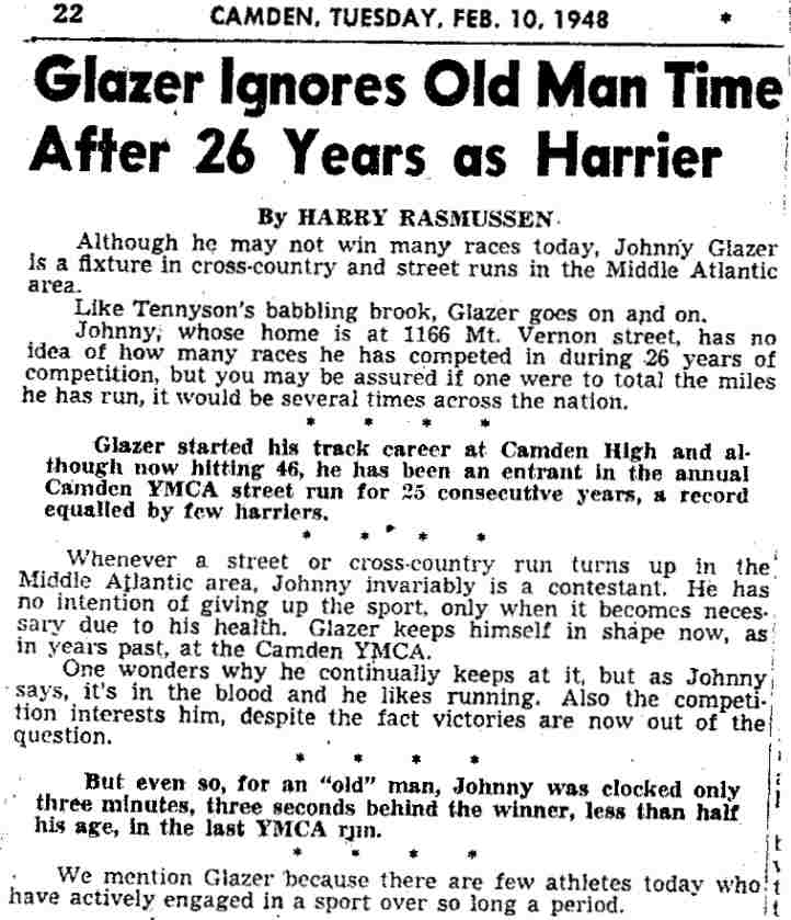 Camden Courier-Post, February 10, 1948 — Glazer Ignores Old Man Time After 26 Years as Harrier