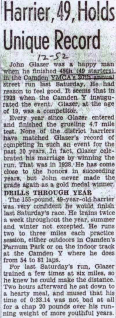 Camden Courier-Post, December 1952 — Harrier, 49, Holds Unique Record