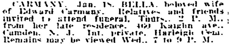 Philadelphia Inquirer, January 21, 1919 — death notice for Bella Carmany