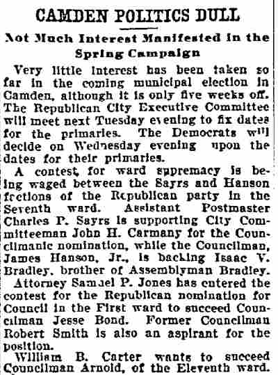 Philadelphia Inquirer, February 4, 1900, listing Republican officials including Isaac V. Bradley