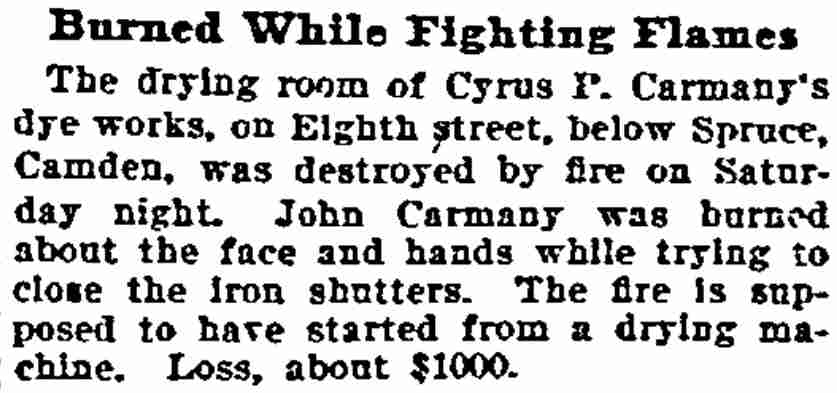 Philadelphia Inquirer, June 6, 1898 — Burned While Fighting Flames