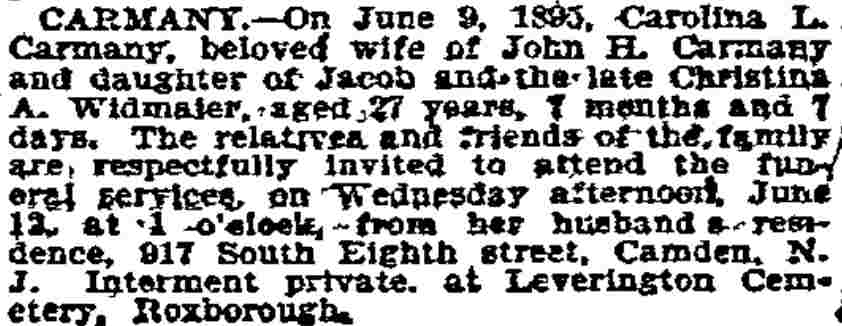 Philadelphia Inquirer, June 12, 1895 — Carolina Carmany death notice