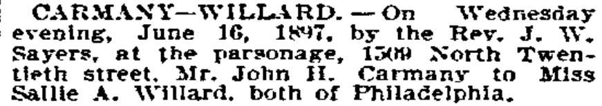 Philadelphia Inquirer, June 20, 1897 — Carmany-Willard marriage