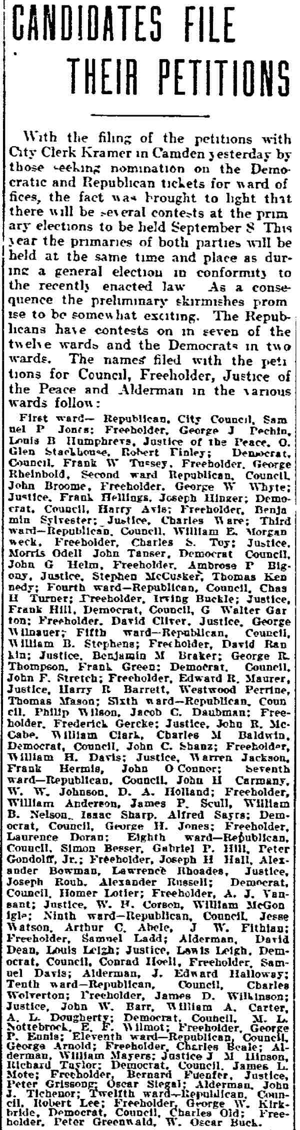 Philadelphia Inquirer, August 30, 1903 — Candidates File Their Petitions