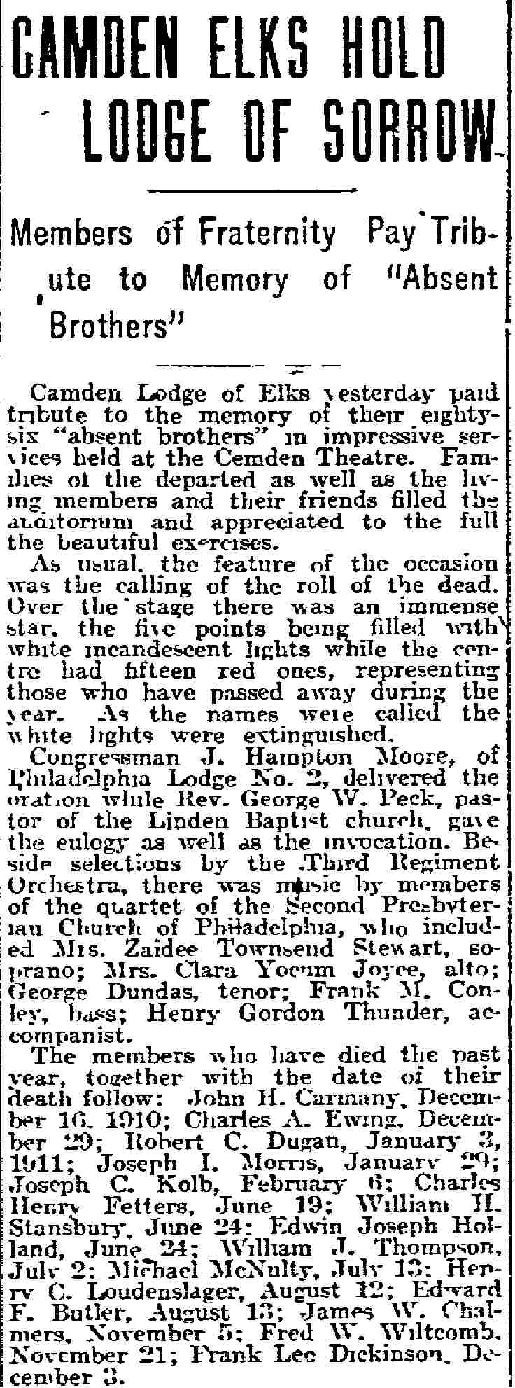 Philadelphia Inquirer, December 4, 1911 — Camden Elks Lodge of Sorrow