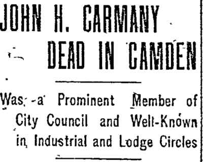 Newspaper clipping: John H. Carmany Dead in Camden (Part 1)