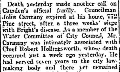 Philadelphia Inquirer, December 17, 1910 — John H. Carmany Dead in Camden, opening paragraph