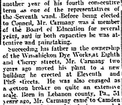 Philadelphia Inquirer, December 17, 1910 — John H. Carmany Dead in Camden, continuation