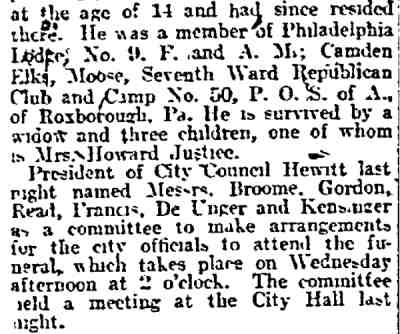 Philadelphia Inquirer, December 17, 1910 — John H. Carmany Dead in Camden, conclusion