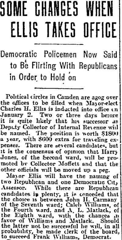 Philadelphia Inquirer, December 18, 1905 — Some Changes When Ellis Takes Office, page 1