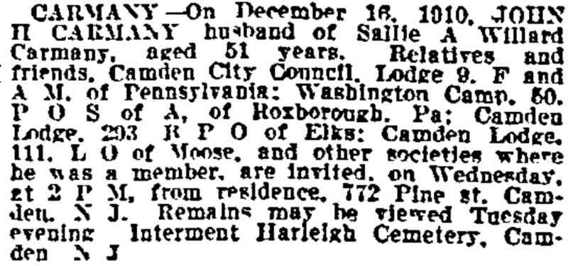Philadelphia Inquirer, December 19, 1910 — Carmany death notice