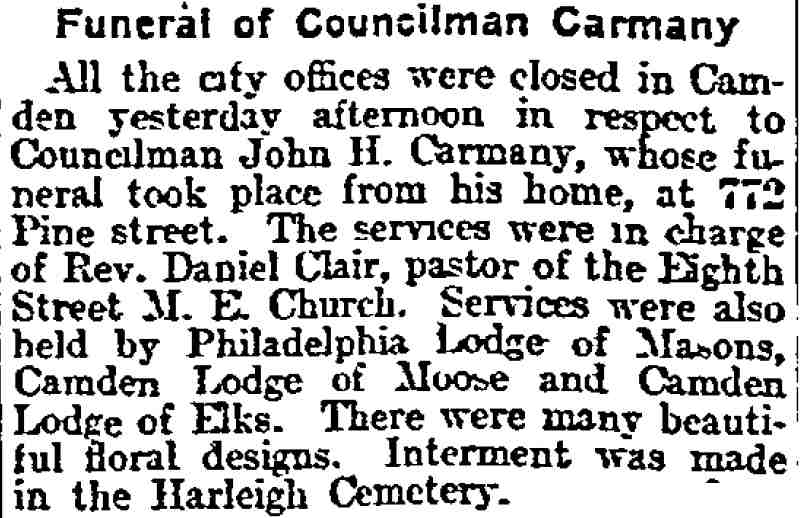 Philadelphia Inquirer, December 22, 1910 — Funeral of Councilman Carmany