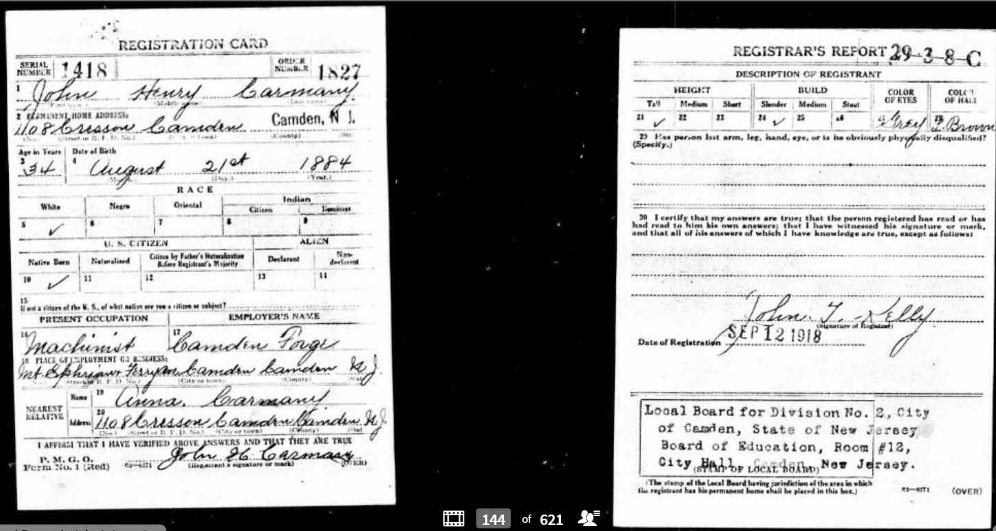 John H. Carmany Jr. — World War I Draft Card