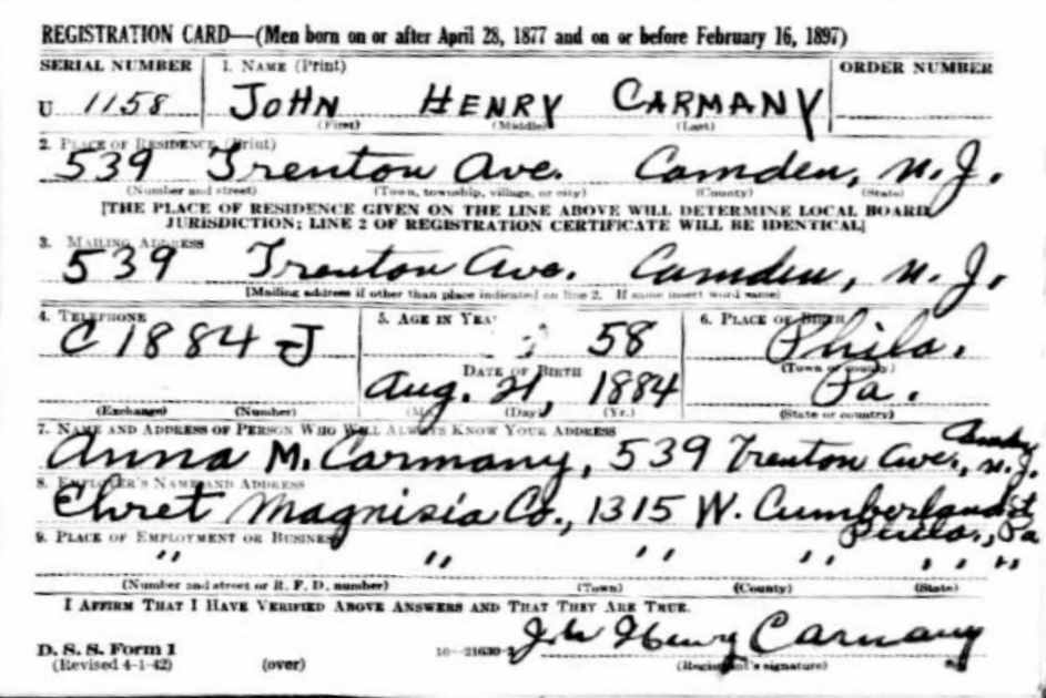 John H. Carmany Jr. — World War II Draft Card