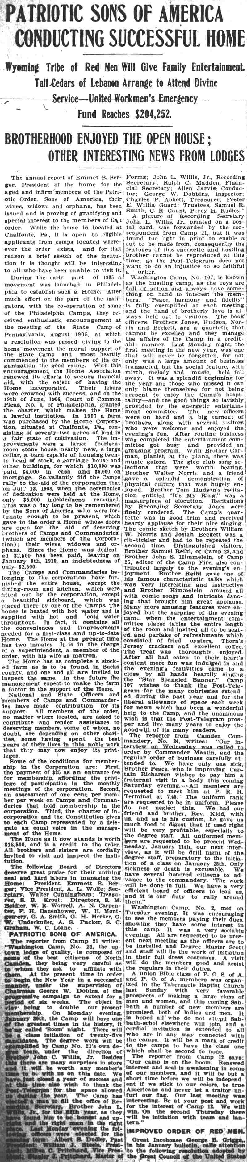 Camden Post-Telegram, January 6, 1911 — Patriotic Sons of America lodges news