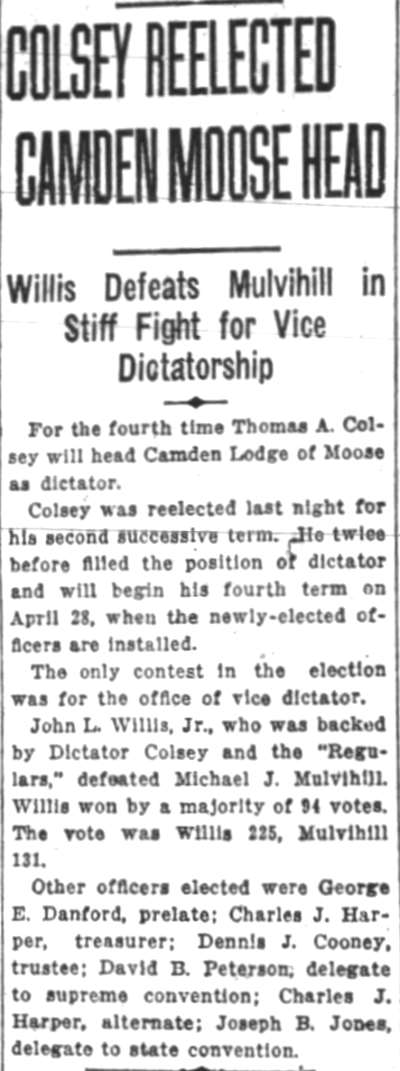 Camden Courier-Post, April 8, 1927 — Colsey reelected, Willis elected vice dictator