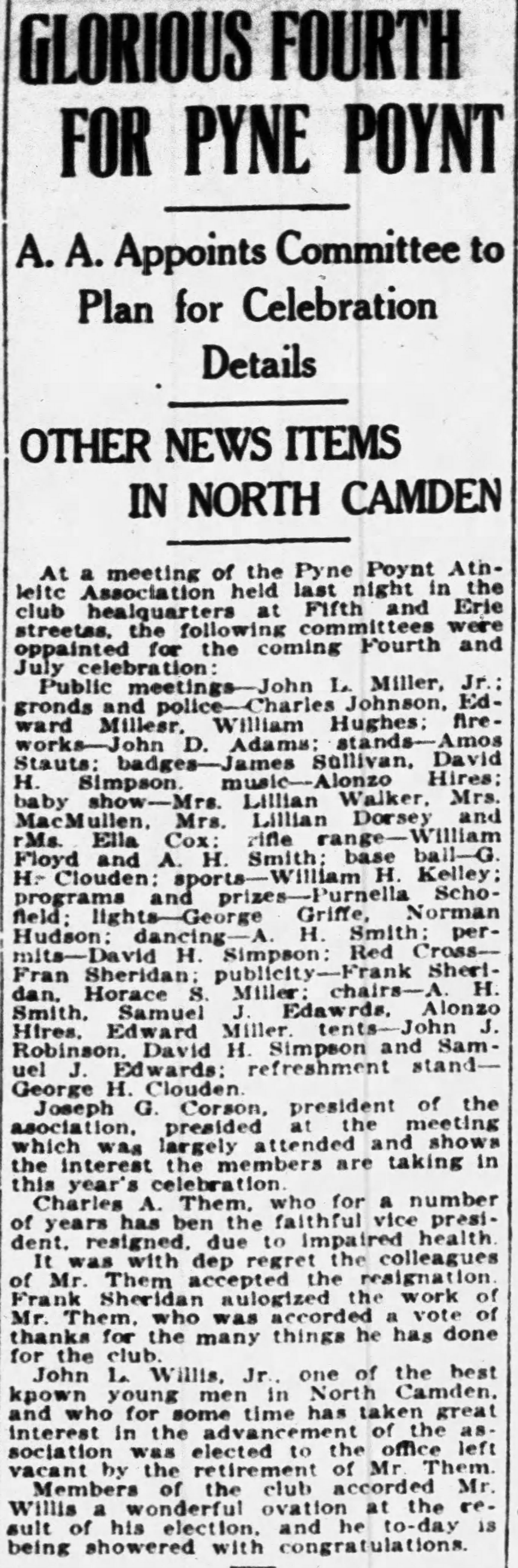 Camden Post-Telegram, April 11, 1922 — Pyne Poynt Athletic Association officers