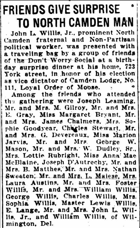 Camden Courier-Post, April 20, 1927 — Birthday surprise for Willis