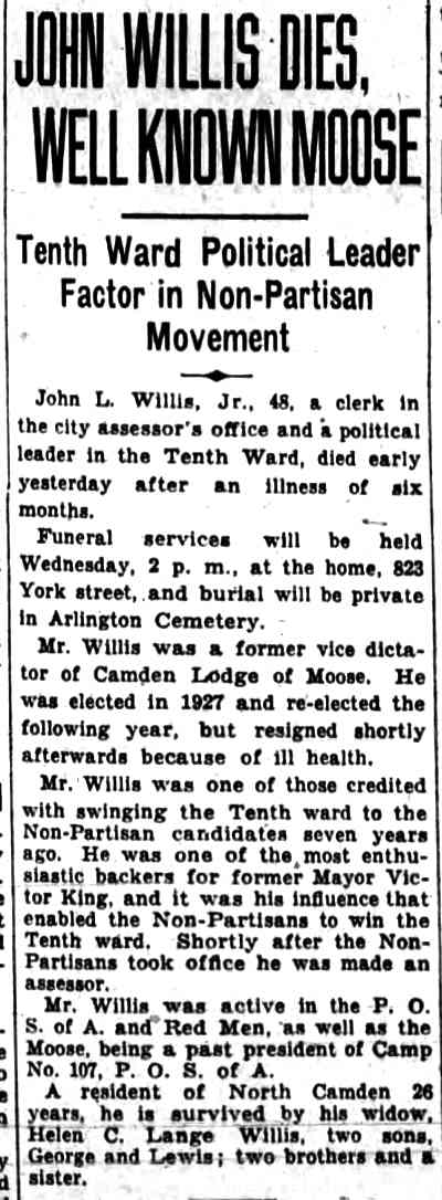 Camden Courier-Post, June 8, 1930 — Obituary for John L. Willis Jr.