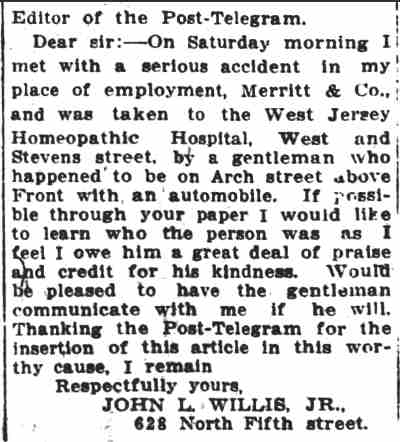 Camden Post-Telegram, July 31, 1912 — Letter from John L. Willis Jr.