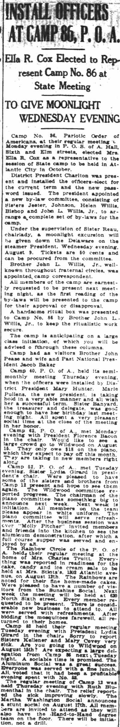 Camden Post-Telegram, August 5, 1922 — P.O.A. Camp 86 officers
