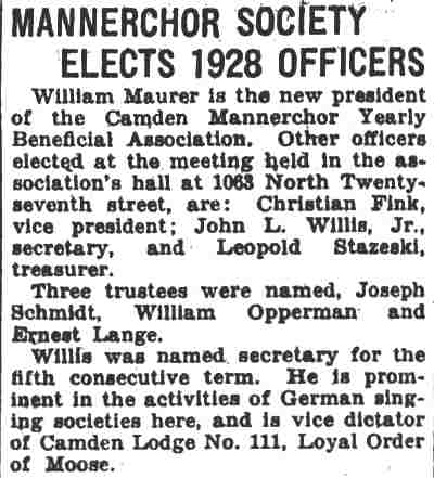 Camden Courier-Post, December 29, 1927 — Mannerchor Society officers