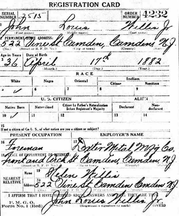 World War I Draft Card for John Louis Willis Jr., front