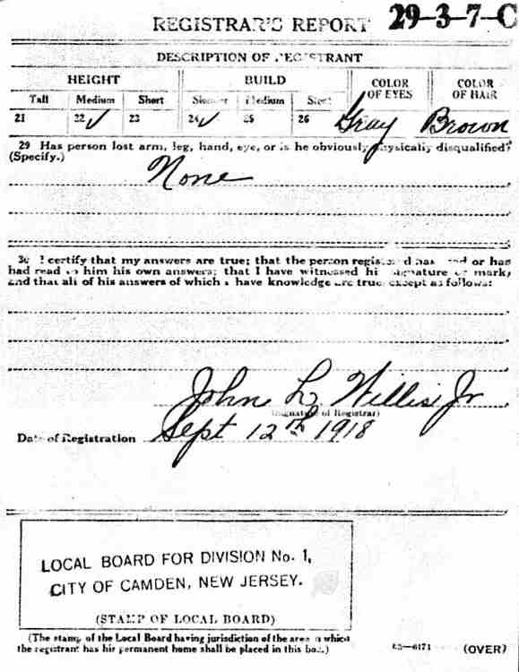 World War I Draft Card for John Louis Willis Jr., back
