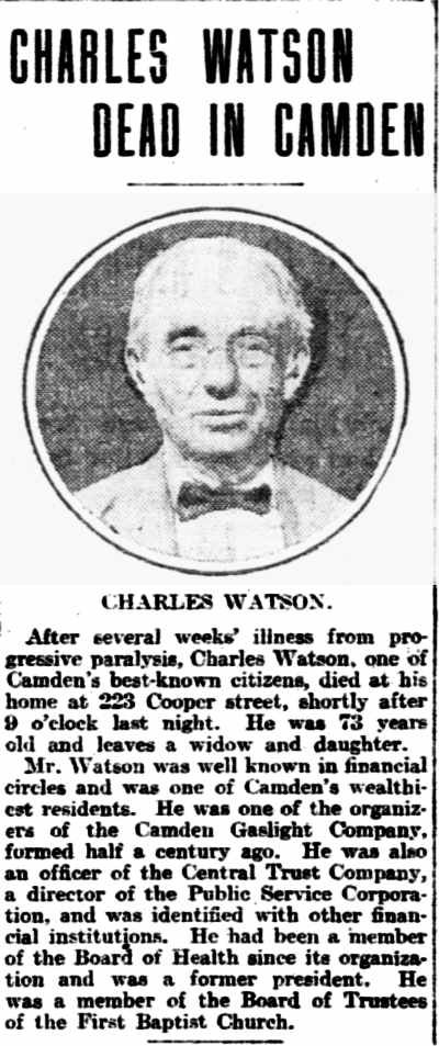 Philadelphia Inquirer, March 31, 1904 — Charles Watson Dead in Camden, with portrait photo