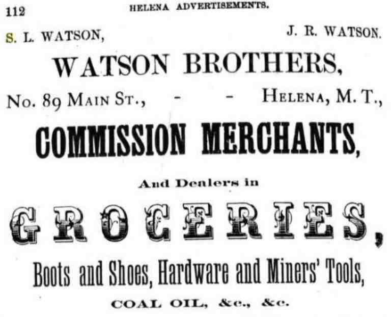 1868 Helena City Directory advertisement for Watson Brothers, Commission Merchants at No. 89 Main St., Helena, M.T.