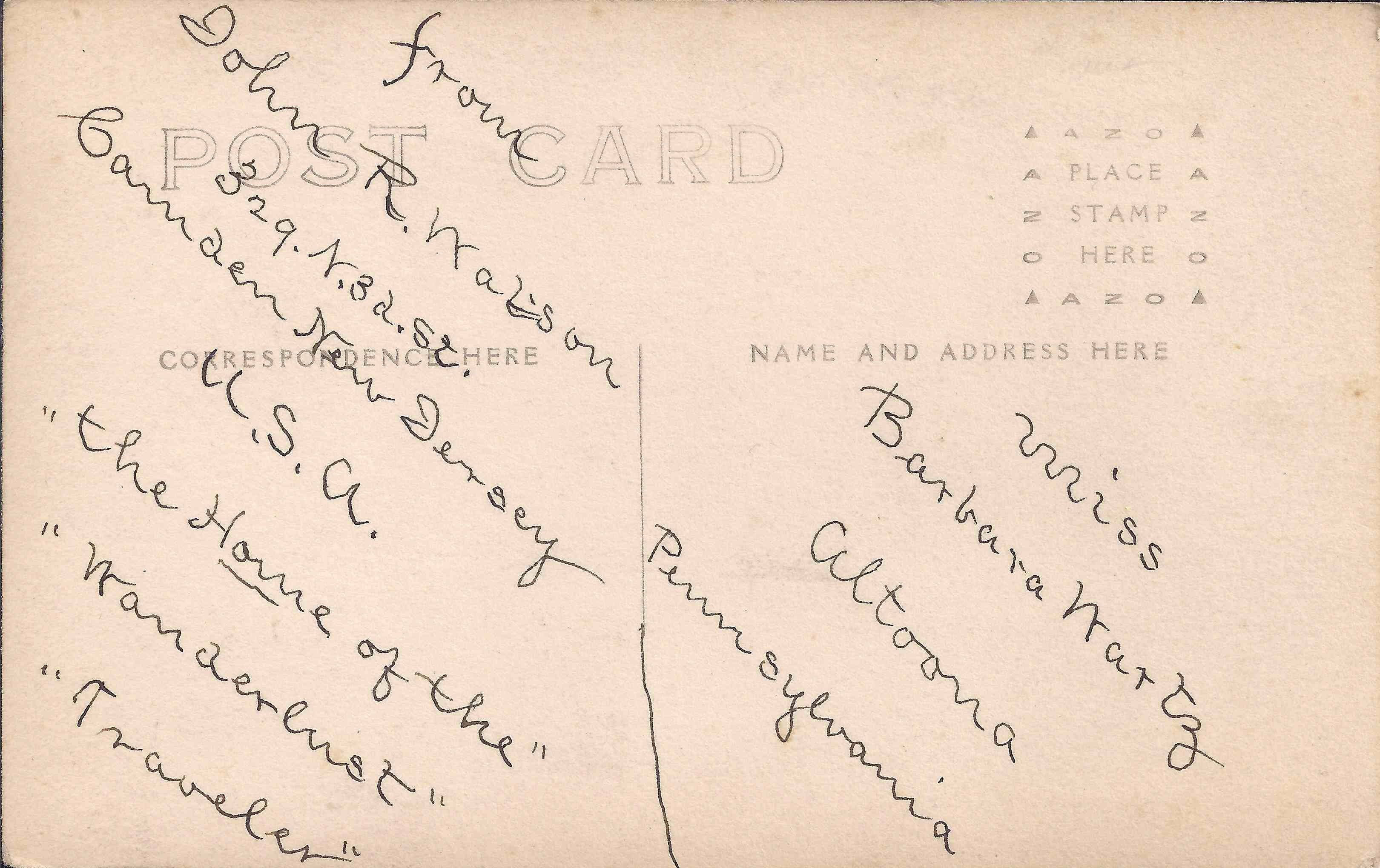 Postcard reverse handwritten: From John R. Watson, 329 N. 3d St., Camden, N.J. — 'The Home of the Wanderlust Traveler' — To Miss Barbara Martz, Altoona, Pennsylvania