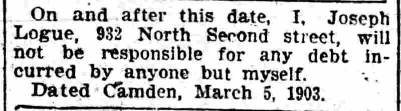 Camden Evening Courier, March 6, 1903 — personal notice from Joseph Logue