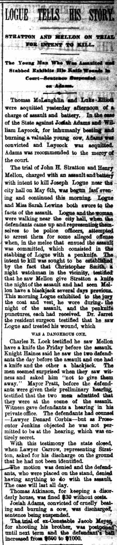 Camden Daily Courier June 1, 1888 — Joseph Logue trial coverage