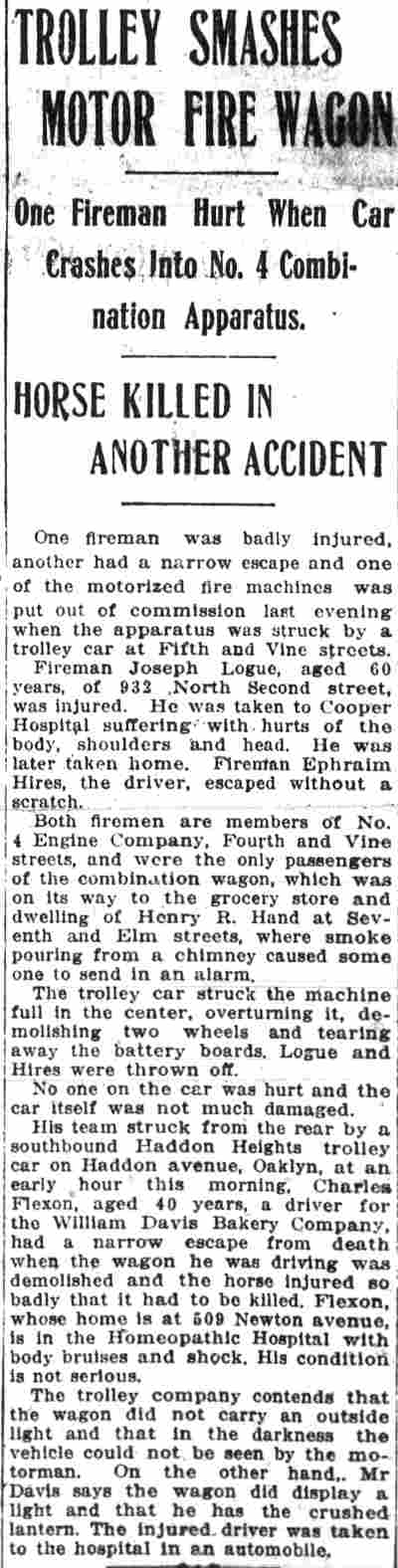 Trolley Smashes Motor Fire Wagon — Camden Post-Telegram, October 19, 1916