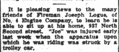 Camden Post-Telegram, October 23, 1916 — Logue recovering from trolley accident
